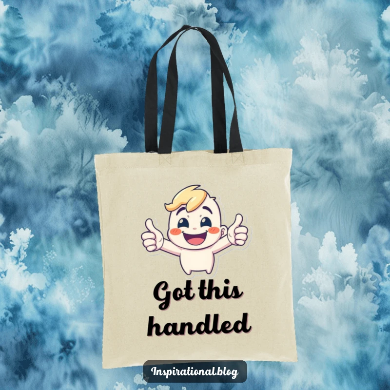 Funny Tote Bag: A tiny, energetic character with a wide grin gives a double thumbs-up, perfect for carrying positivity.