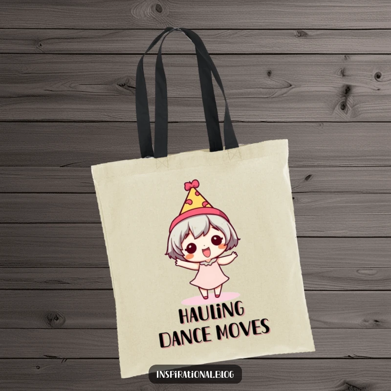 Funny tote bag with a tiny character doing a silly dance wearing a festive hat, perfect for carrying essentials.