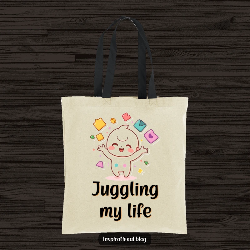 Funny tote bag featuring a cheerful kawaii character juggling colorful shapes, perfect for carrying essentials with flair.