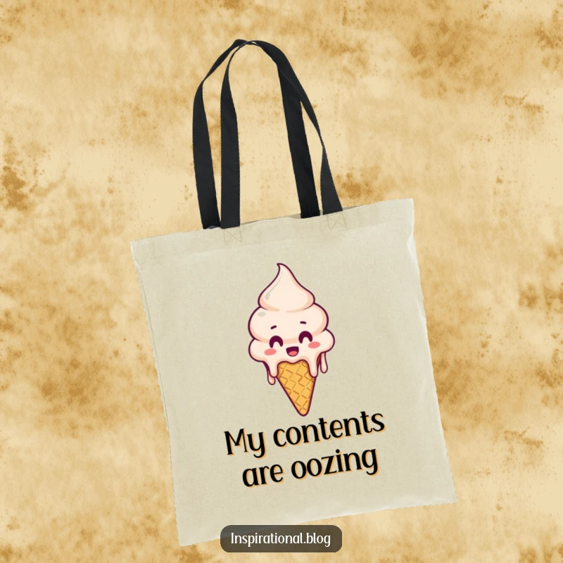 Funny Tote Bag: A melting ice cream cone character with a surprised expression, dripping, on a stylish tote.