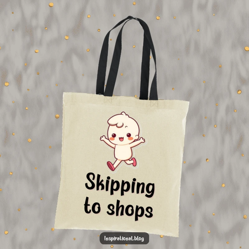 Funny tote bag featuring a happy kawaii character skipping with a bouncy step, making everyday tasks more delightful.
